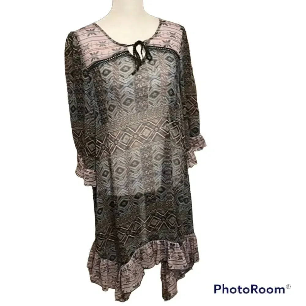 Sun & Shadow sz S black & blue print ruffled hem & sleeves swimsuit coverup GUC